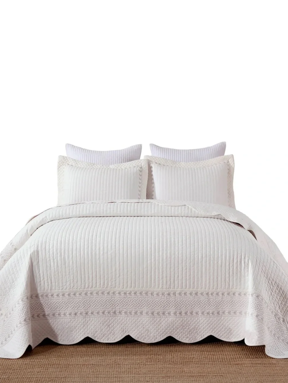 3 PIECE 100% COTTON WHITE STRIPE QUILT SET – CLASSIC EMBROIDERED BEDSPREAD